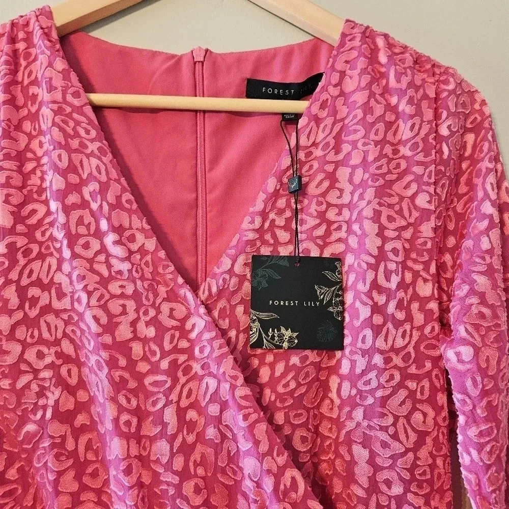 Forest lily Printed Ruched Animal Print Long Sleeve Feminine Mini Dress Pink 6. - Picture 6 of 16